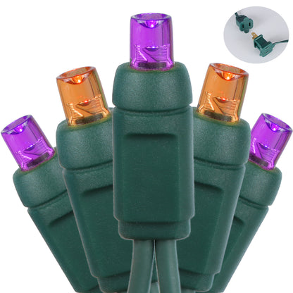 5mm 50-LED Green Wire Light String, 6 Inch Bulb Spacing, Halloween Purple & Orange